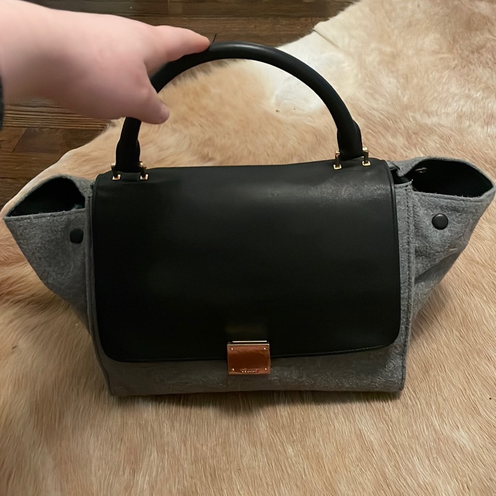 Céline grey wool and black leather trapeze bag
